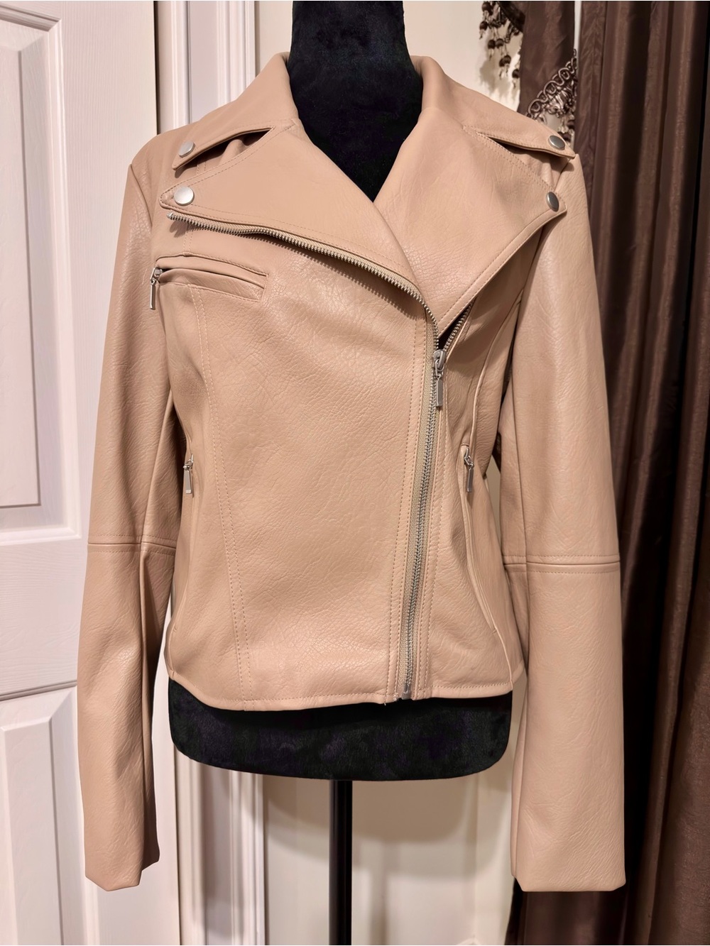 BAGATELLE Women's Taupe Leather Style Moto Jacket Asymmetrical Zip | Size Medium